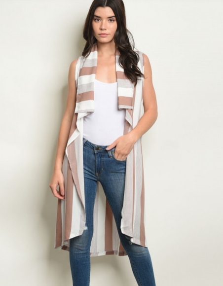 Nwt -Mauve or Beige Long Striped Vest with belt - Picture 5 of 12